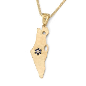 14K Gold Textured Map of Israel Pendant with Diamond and Sapphire Star of David