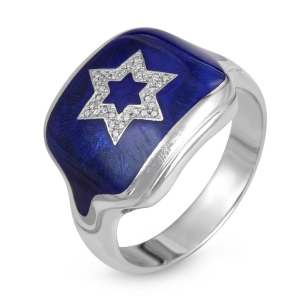 14K White Gold Star of David Ring with White Diamonds & Blue Enamel 