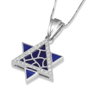 14K White Gold Stained Glass Star of David Pendant with Diamonds & Blue Enamel 