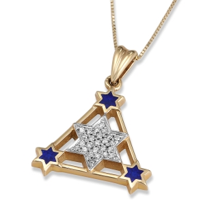 14K Yellow Gold & Blue Enamel Star of David Triangle Diamond Pendant