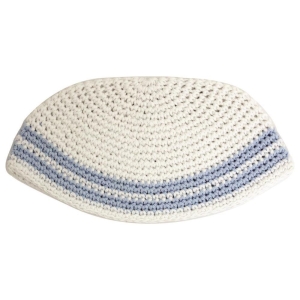 Crocheted Frik Kippah with Light Blue and White Design
