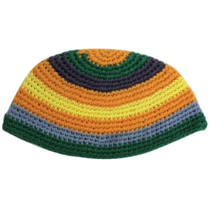 Crocheted Orange, Yellow, Blue, Black and Green Frik Kippah 