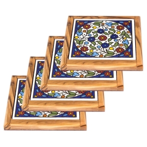 Set of 4 Olive Wood & Armenian Ceramic Coasters - Colorful Flowers
