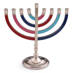Modern Nickel Hanukkah Menorah With Colorful Enamel Finish