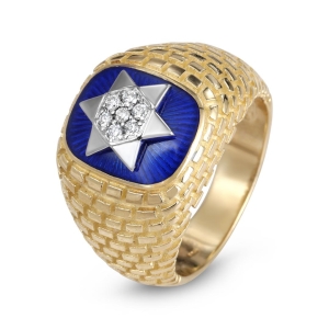 Anbinder Jewelry 14K Yellow & White Gold Star of David & Western Wall Diamond Ring with Blue Enamel 