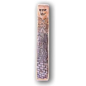 Art in Clay Handmade Jerusalem Sunrise Ceramic Mezuzah with 24K Gold