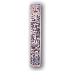 Art in Clay Handmade Jerusalem Walls Ceramic Mezuzah with 24K Gold