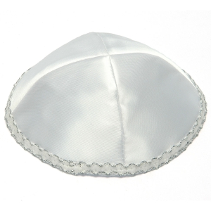 White Satin Kippah with Decorative Trim