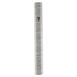 Hexagonal Striped Gray Aluminum Mezuzah Case with Shin 