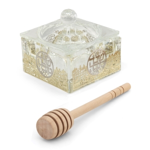 Square Crystal Honey Dish with Jerusalem Design