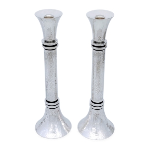 Bier Judaica 925 Sterling Silver Handcrafted Hammered Shabbat Candlesticks With Disc Design