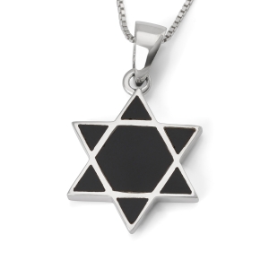 Contemporary Sterling Silver Star of David Pendant Necklace With Onyx Stone