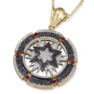 14K Gold Round Star of David Pendant With 445 Black & White Diamonds and 6 Ruby Stones