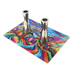 Shabbat Shalom Designer Glass Tray for Candlesticks