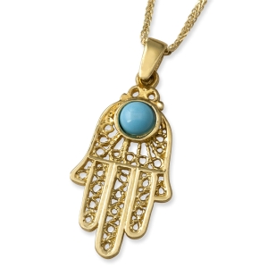 Large 14K Yellow Gold Filigree Hamsa Pendant Necklace With Turquoise Stone