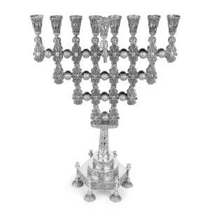 Traditional Yemenite Art Handcrafted Sterling Silver Deluxe Hanukkah Menorah With Floral Filigree Design