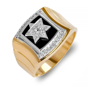 14K Gold Ring with Star of David, Diamonds and Black Enamel