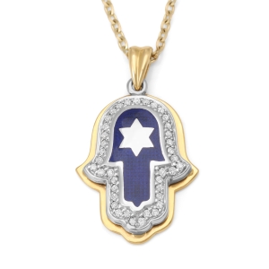 Anbinder Jewelry 14K Gold Star of David Hamsa Diamond Pendant with Blue Enamel