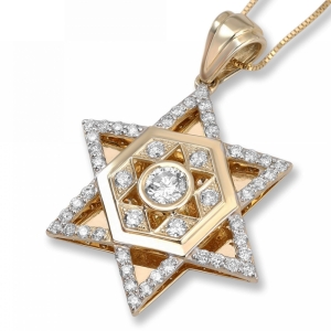 14K Gold and Diamond Star of David Pendant with Central Hexagon and Smaller Star