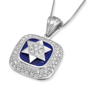 Star of David 14K Gold and Diamond Blue Enamel Square Necklace
