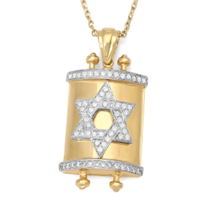 14K Gold Star of David Diamond Torah Pendant Necklace