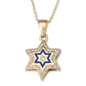 14K Yellow Gold Star of David Pendant with 49 Diamonds and Enamel