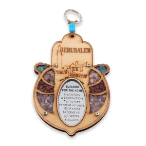 Wooden Jerusalem Hamsa English Home Blessing Wall Hanging with Gemstones from Israel