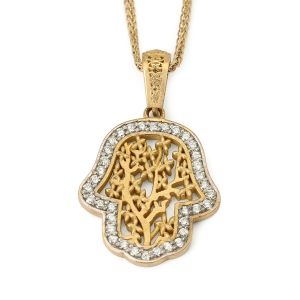 14K Gold Hamsa Pendant with Foliate Design and Lined with Diamonds