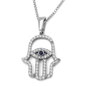 14K White Gold Hamsa Evil Eye Pendant with Sapphire and Studded with Diamonds