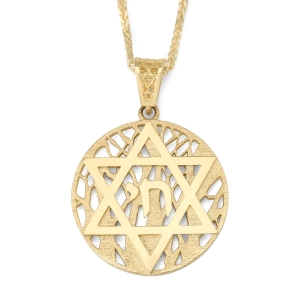 14K Gold Star of David and Chai Pendant with Tree of Life Background - Unisex