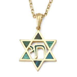 14K Gold Star of David Pendant with Chai and Eilat Stone - Unisex