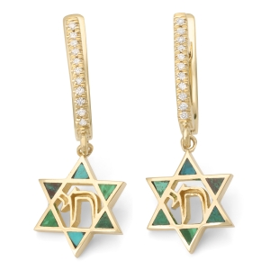 14K Gold Chai and Star of David Dangling Earrings with Diamonds and Eilat Stone