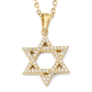 14K Gold Star of David Pendant Necklace with Diamond Embellishments