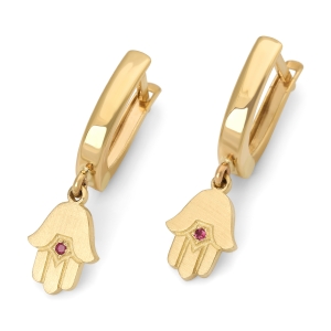 Delicate 14K Gold Dangling Hamsa Earrings with Rubies