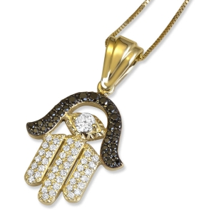 14K Gold Hamsa and Evil Eye Pendant with Black and White Diamonds