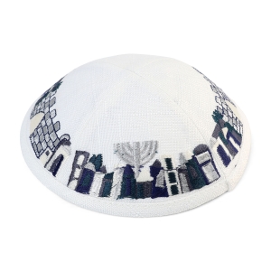 White Kippah with Jerusalem Design