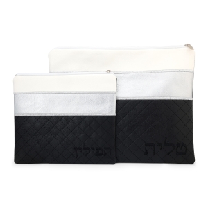 Faux Leather Black, Silver and White Tallit & Tefillin Bag Set