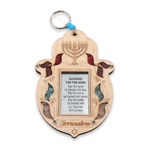 Wooden Hamsa Home Blessing Hebrew/English Wall Hanging with Menorah and Gemstones