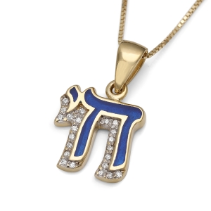 Diamond-Accented 14K Yellow Gold and Blue Enamel Women's Chai Pendant
