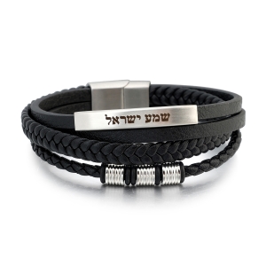 Men's Shema Yisrael Beaded Black Leather Bracelet with Magnetic Clasp - Silver