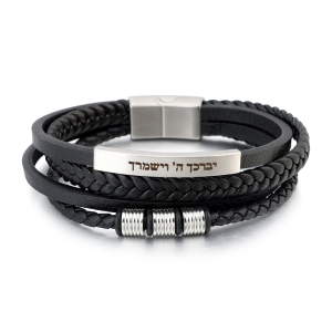 Men's Priestly Blessing Beaded Black Leather Bracelet with Magnetic Clasp - Silver