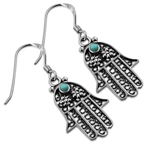 Silver Filigree Hamsa Earrings with Turquoise Stone