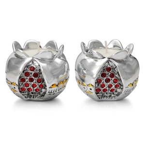Silver Pomegranate Candlesticks with Jewels and Golden Highlights - Jerusalem