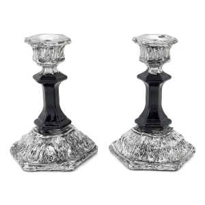 Black Glass and Sterling Silver-Plated Shabbat Candlesticks with Wide Base