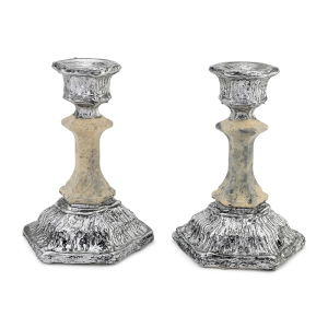 Cream Glass and Sterling Silver-Plated Shabbat Candlesticks with Wide Base
