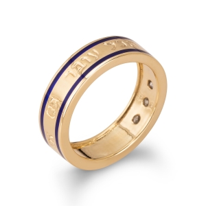 14K Yellow Gold and Blue Enamel "This Too Shall Pass" Ring With Three White Diamonds (Hebrew)