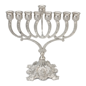 Nickel Hanukkah Menorah with Floral Motif & Base 