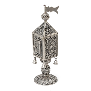 Traditional Yemenite Art Handcrafted Sterling Silver Filigree Rectangular Besamim Spice Box with Bells