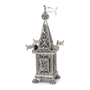 Traditional Yemenite Art Handcrafted Sterling Silver Filigree Tall Tower Besamim Spice Box