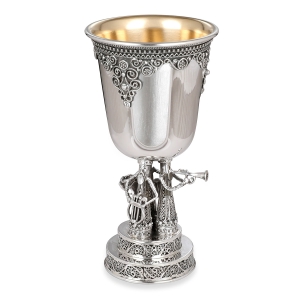 Handcrafted Sterling Silver Kiddush Cup With Klezmer Figurines - Traditional Yemenite Art